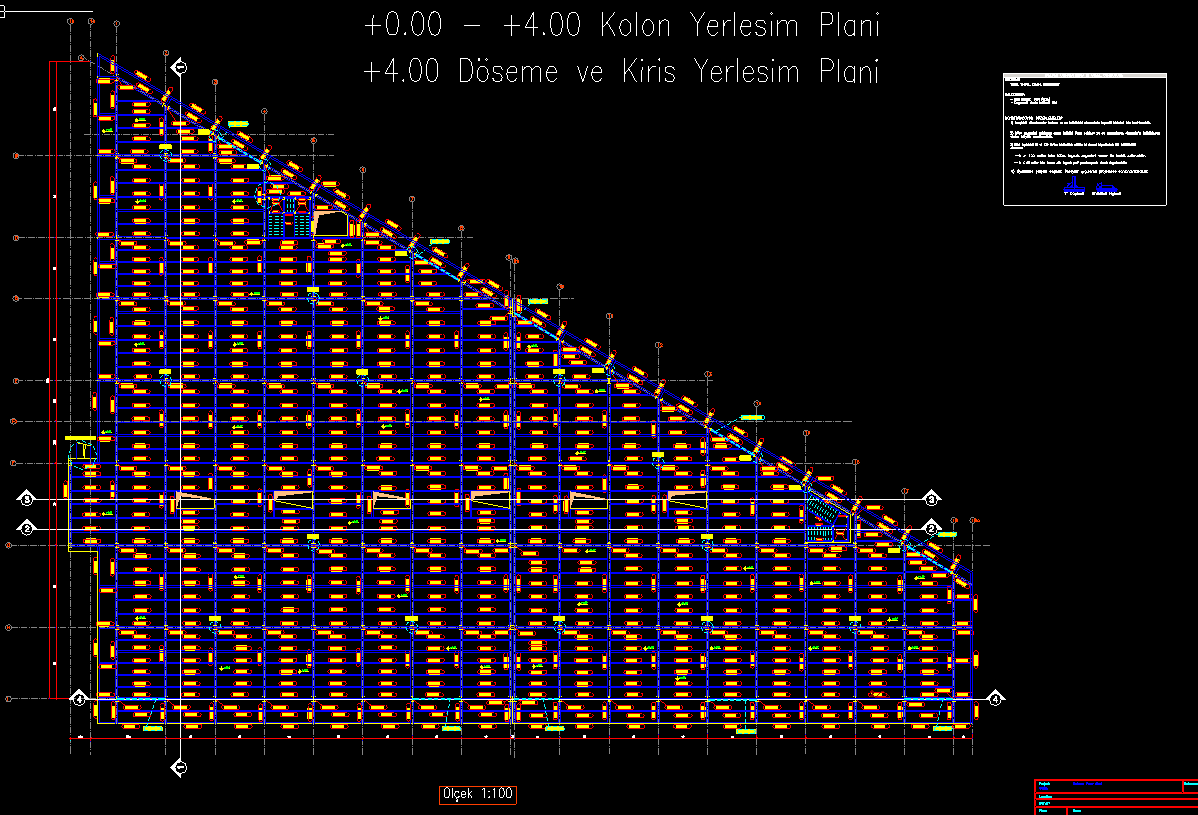 Sarıçam Pazar Alanı — +0.00–+4.00 kolon yerleşimi ve +4.00 döşeme-kiriş yerleşim planı